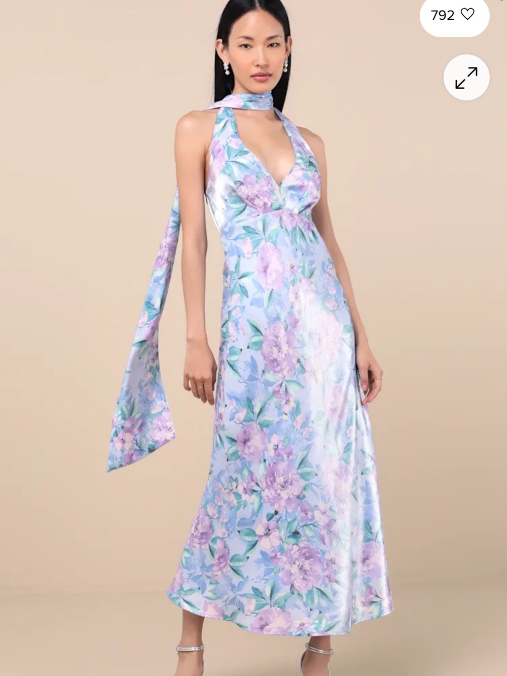 Lulus Malani Light blue floral satin sash midi dress